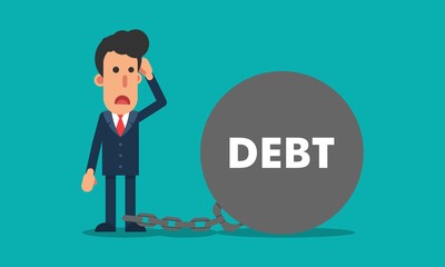 Hispanic businessman chained with large debt ball vector illustration in flat modern design isolated in turquoise background