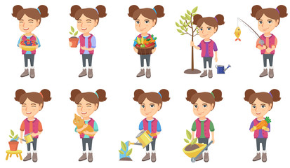 Little caucasian girl set. Girl holding flower in a pot, cat, carrot, fishing rod with fish, pushing wheelbarrow with sprout. Set of vector sketch cartoon illustrations isolated on white background.