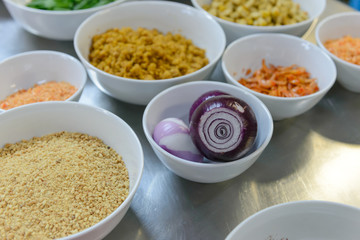 Ingredients prepare for Pad Thai (Thai Fried Noodles) on table in the kitchen