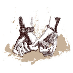 Hand Drawn Sketch. Hands women and men. Friendship day with holding promise hand. Vector illustration.