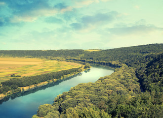 Panoramic view on river Nistru in the Soroca town, Moldova, the north-eastern part of the country. Picturesque landscape.