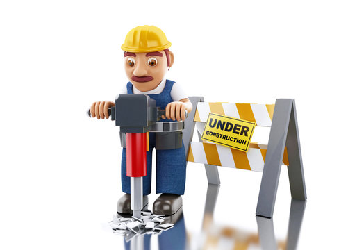 3d Worker with jackhammer and under construction sign.