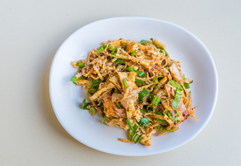Top view Spicy shredded bamboo-shoot salad in Thai northeastern style, Thai Food
