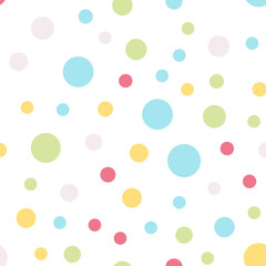 Colorful polka dots seamless pattern on white 4 background. Pleasant classic colorful polka dots textile pattern. Seamless scattered confetti fall chaotic decor. Abstract vector illustration.