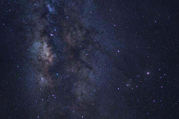 Starry night sky, Milky way galaxy with stars and space dust in the universe, Long exposure photograph, with grain.