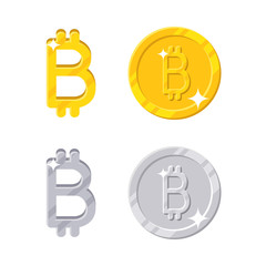 Gold and silver bitcoins. Bit-coin sign cryptocurrency. Virtual money. Vector in cartoon style isolated on white background. Business and financial series