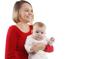 loving mother and cute baby isolated on white background