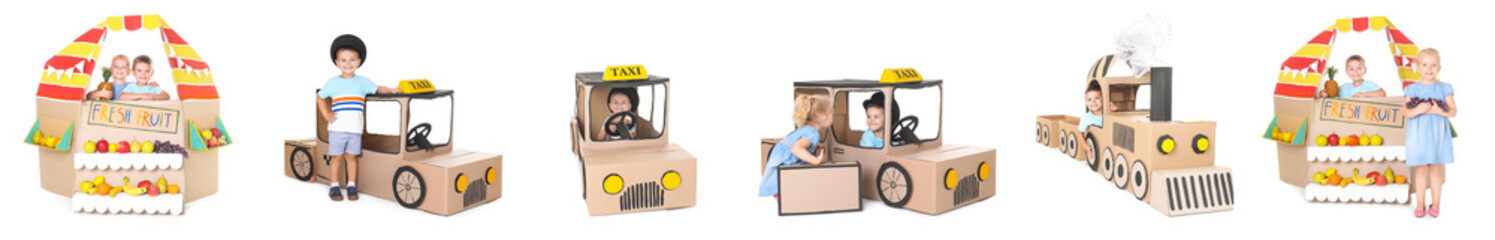 Children playing with cardboard boxes on white background
