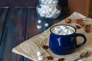Hot chocolate or cacao in a blue mug with marshmallows