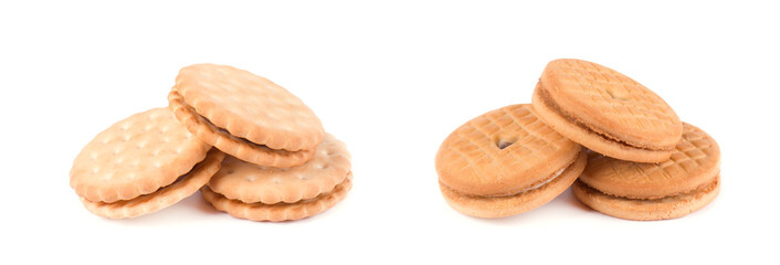 Sandwich biscuits, filled with chocolate. Cookies with cream filling isolated on white background.