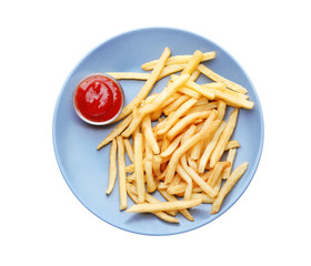 Plate with yummy french fries and sauce on white background