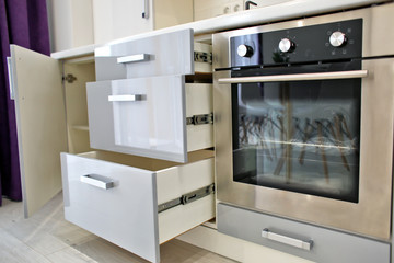 Modern kitchen furniture and electric oven in interior