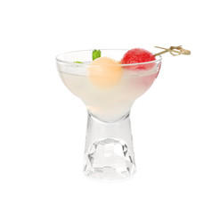 Cocktail glass with melon ball drink on white background