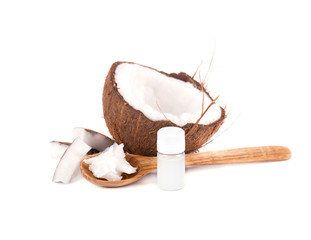 Half of coconut, pieces of coconut, coconut flakes and coconut milk, isolated on white background. Healthy food concept