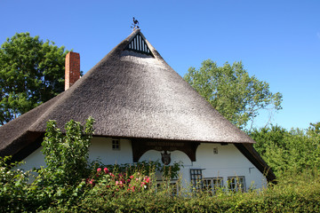 Fototapeta na wymiar Reetdachhaus im Dorf Siggeneben , Ostholstein, Schleswig-Holstein