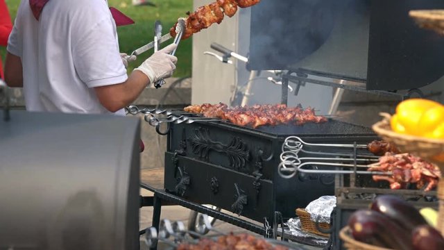 MOSCOW, RUSSIA, JULE 24, 2016: Pork Skewers Turning Automatically On Grill