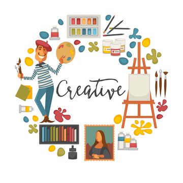 Creative poster with artist and tools to paint