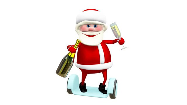3D Animation of Santa with Champagne on Electric Scooter with Alpha Channel