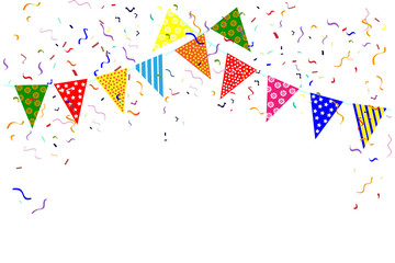 Obraz premium Many colorful falling colorful, flags and confetti ribbon isolated on white background. Vector
