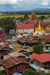 Naklejka premium Myanmar, Inle lake,8 October,2017: view from the top viewpoint on the roof and surroundings- the city of Nyaungshwe,river town at the Inle Lake
