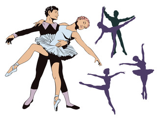 Set of ballet dancers. Stock illustration.