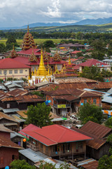 Obraz premium Myanmar, Inle lake,8 October,2017: view from the top viewpoint on the roof and surroundings- the city of Nyaungshwe,river town at the Inle Lake