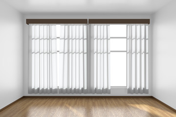 White empty room with flat walls, parquet floor and window front view, 3D illustration