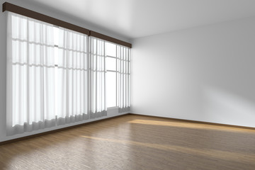 White empty room with flat walls, parquet floor and window diagonal view, 3D illustration