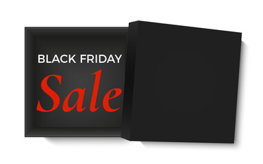 Black friday sale design. Opened black gift box, isolated on white background. Poster, brochure or banner template.