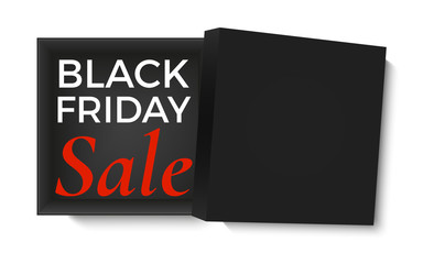Black friday sale design. Opened black gift box, isolated on white background. Poster, brochure or banner template.