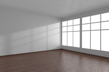 Corner of white empty room with large windows and dark parquet