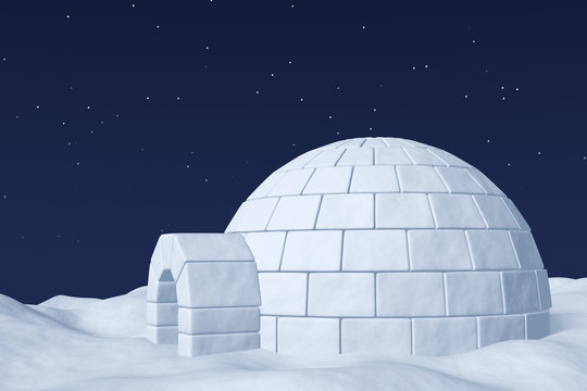 Igloo icehouse on the polar snow field under night sky with stars.