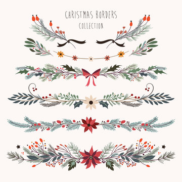 Christmas borders collection with decorative hand drawn seasonal flowers and plants