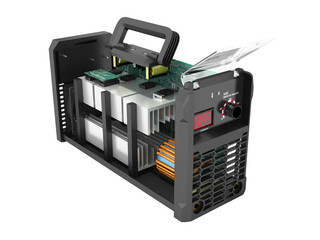 Modern inverter welding machine black disassembled 3d render on white background no shadow