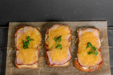 Six sandwiches with meat, cheese and greens top view