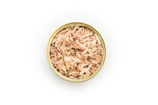Canned Chicken and Tuna isolated, open chicken tin on a white background, Canned soy, Tuna packed in water