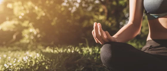 Gordijnen Yoga in the park, outdoor with effect light, health woman, Yoga woman. Concept of healthy lifestyle © FocusStocker