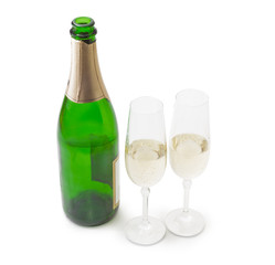 Two wine glasses and bottle of sparkling wine