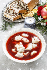 Beetroot red borsch with polish dumplings uszka.