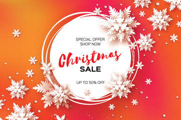 3D Merry Christmas Big Sale for Promotion. 50 . Buy now. Paper cut Snowflakes banner. Origami Decorations. Snowy winter season. Happy New Year. Circle Frame. Text. Snowfall. Red . Vector