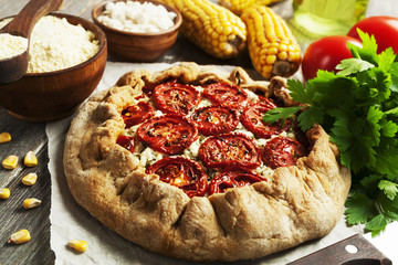 Corn galette  with cottage cheese and tomatoes