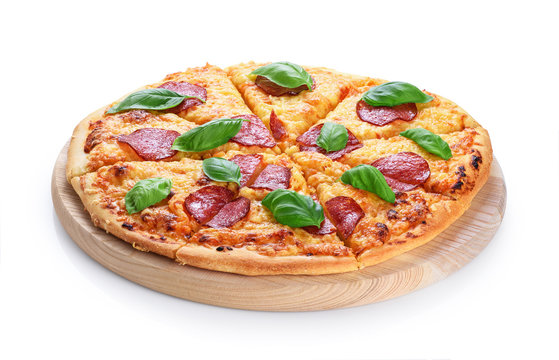 Pepperoni pizza with salami and basil isolated on white background.