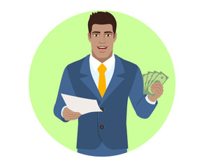 Businessman with cash money holding a paper