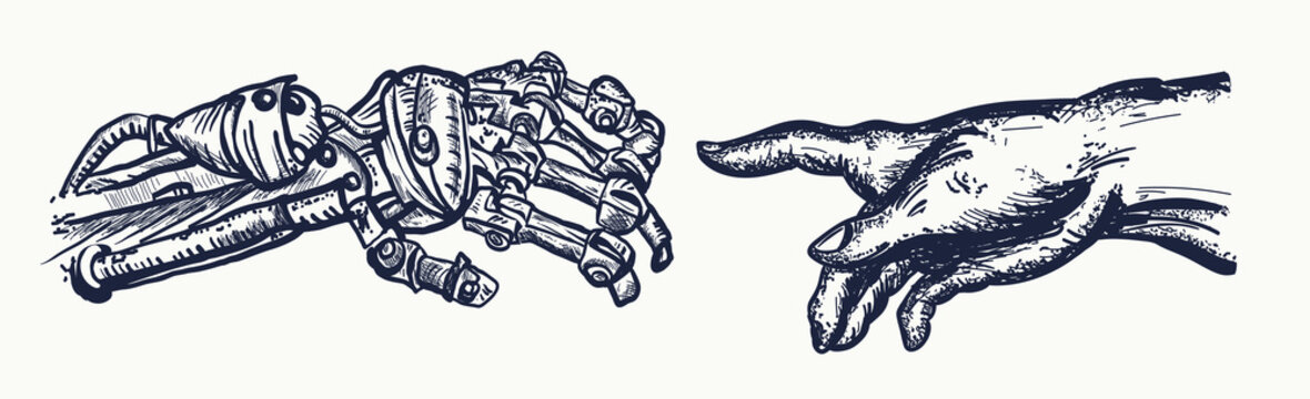 Human and robot's hands tattoo. Robot hands touching with human fingers tattoo and t-shirt design. Symbol of spirituality, religion, connection and interaction, people and artificial intelligence