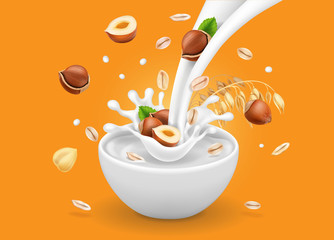 Instant oatmeal with hazelnut. Milk flowing into a bowl with grain and nuts ad. Vector.