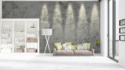 Scene with brand new interior in vogue with white rack and modern bed. 3D rendering. Horizontal arrangement.