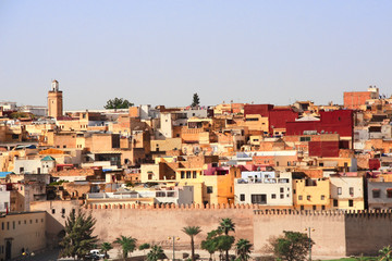 Naklejka premium Aerial view on medina of Fes behind the fortress wall, Morocco