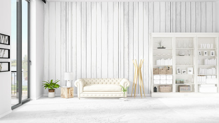 Modern loft interior in vogue with white couch and copyspace in horizontal arrangement. 3D rendering.