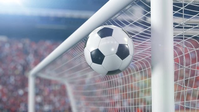 Beautiful Soccer Ball Hits the Bar and Bounces Back off in Slow Motion. Football 3d animation Concept. 4k Ultra HD 3840x2160.