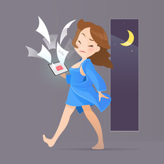 Cartoon young woman in blue nightwear shocked from document control jobs in laptop, Vector illustration, Concept with online jobs and communicate